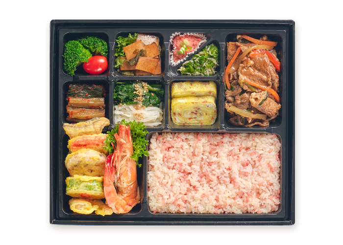 왕새우 소불고기 오색전 도시락 [과일컵 포함]