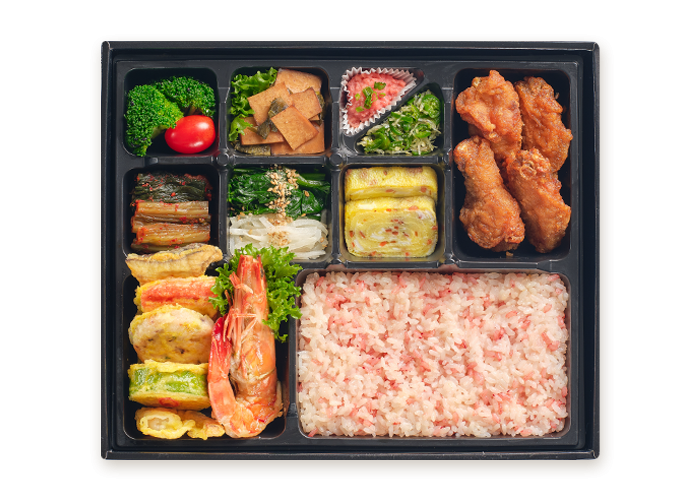 왕새우 치킨 오색전 도시락 [과일컵 포함]